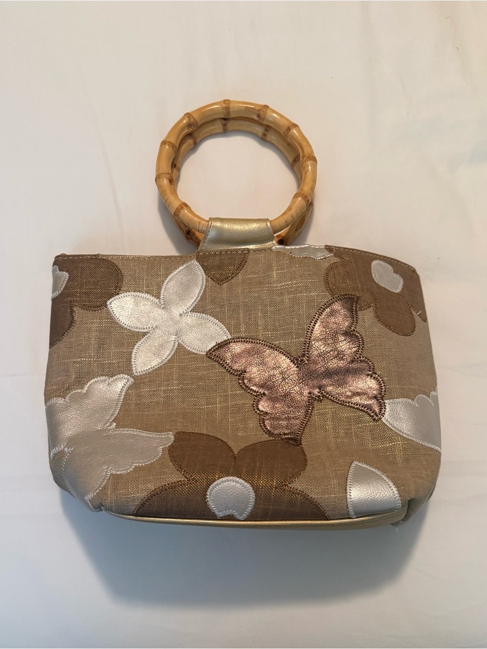 Beige Floral & Butterfly Mini Handbag with Bamboo Handle